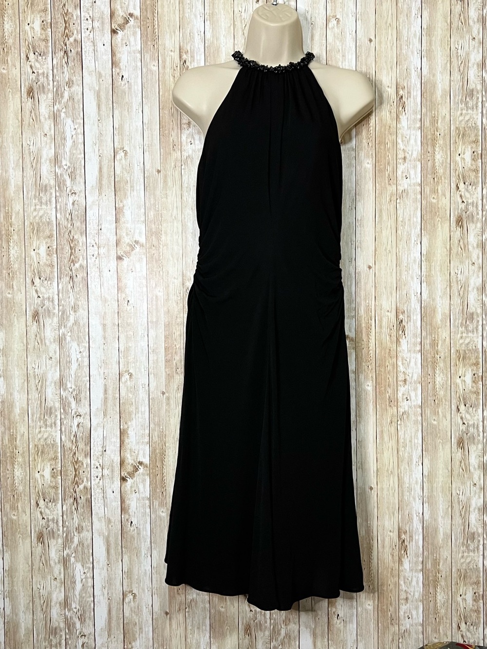 Anne Klein Black Halter Midi Dress with Beaded Neckline Size 8P